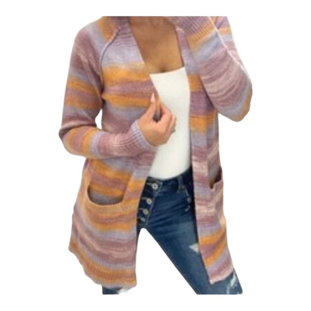 LUCKY BRAND Ombre-Striped Soft Long Open Duster Cardigan Sweater SMALL Sorbet